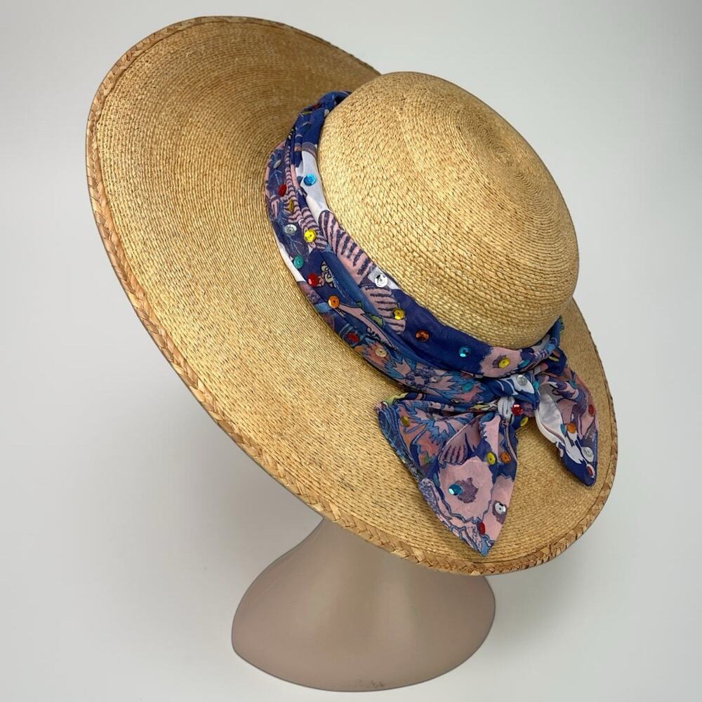 Y2K Oversized Straw Sun Hat Floral Scarf Coastal Palm Beach Vintage Paloma